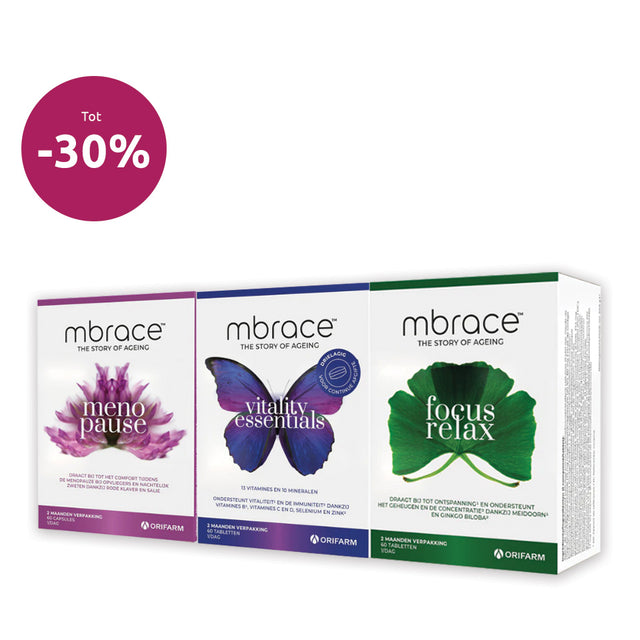 BENU Mbrace Supplementen Compléments alimentaires 30% Korting Remise Discount Promo Menopauze Ménopause Vitaliteit Vitalité Focus